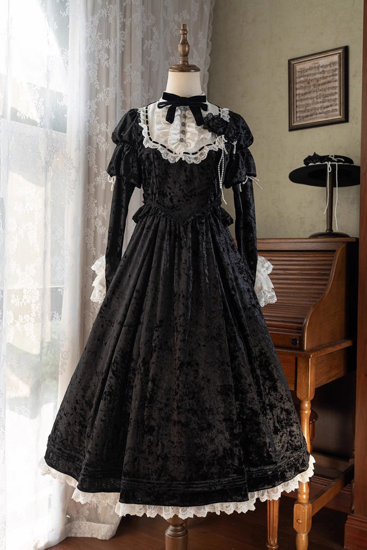 Black [Whispering Castle] Long Sleeves Ruffle Bowknot Lace Gothic Lolita Dress