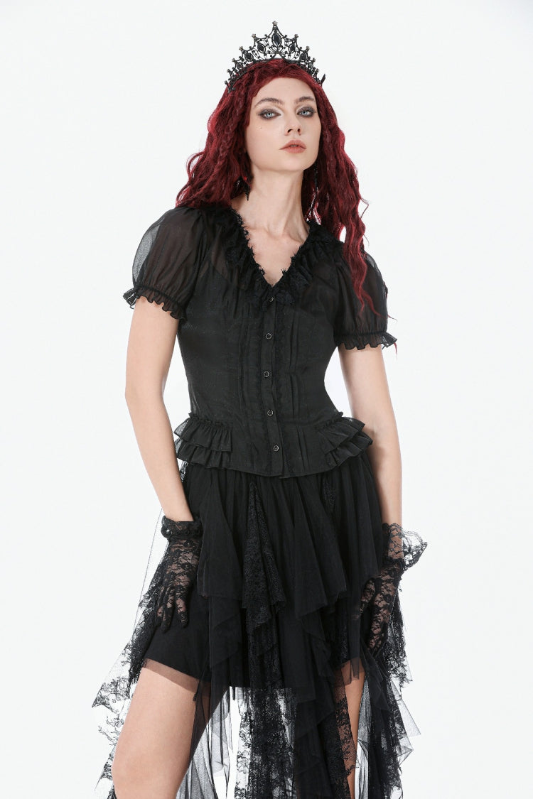 Chemisier gothique noir à col en V profond, manches courtes bouffantes, dentelle à volants multicouches transparente pour femmes
