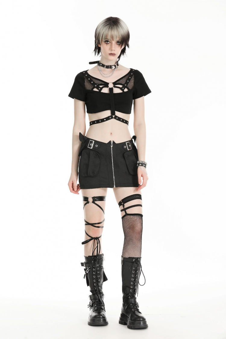 Haut court noir à manches courtes et bretelles à œillets en maille transparente pour femmes, Punk Moto