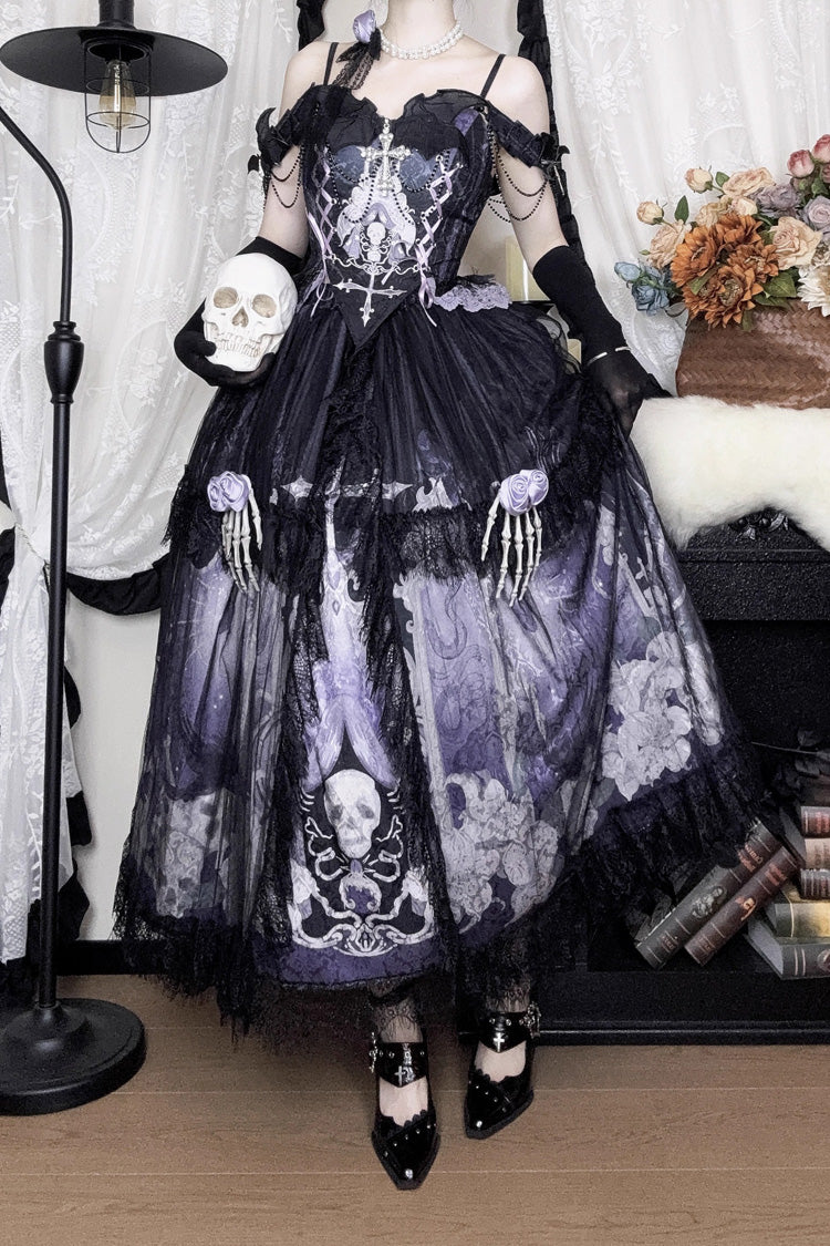 Black/Blue [Skull Magic] Print Ruffle Bowknot Gothic Elegant Lolita Skirt Two-Piece Set
