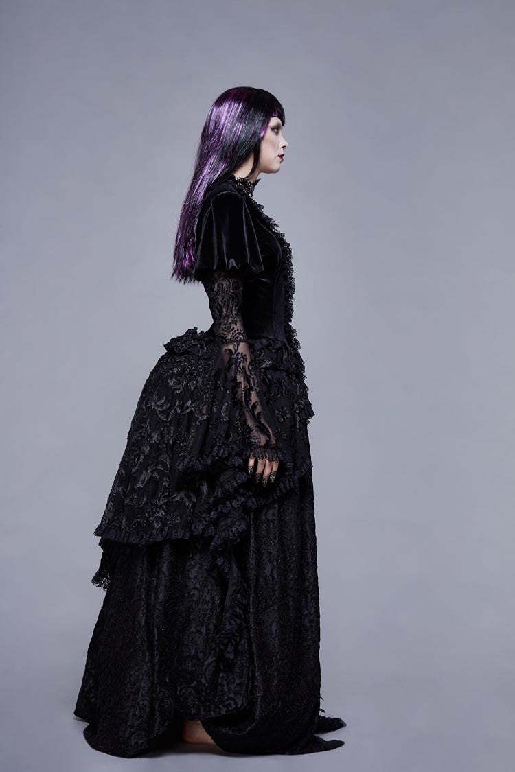 Black Metal Buckle Collar Front Chest Hollow-Out Flare Sleeve Lace Cuff Dress Hem Women's Gothic Coat