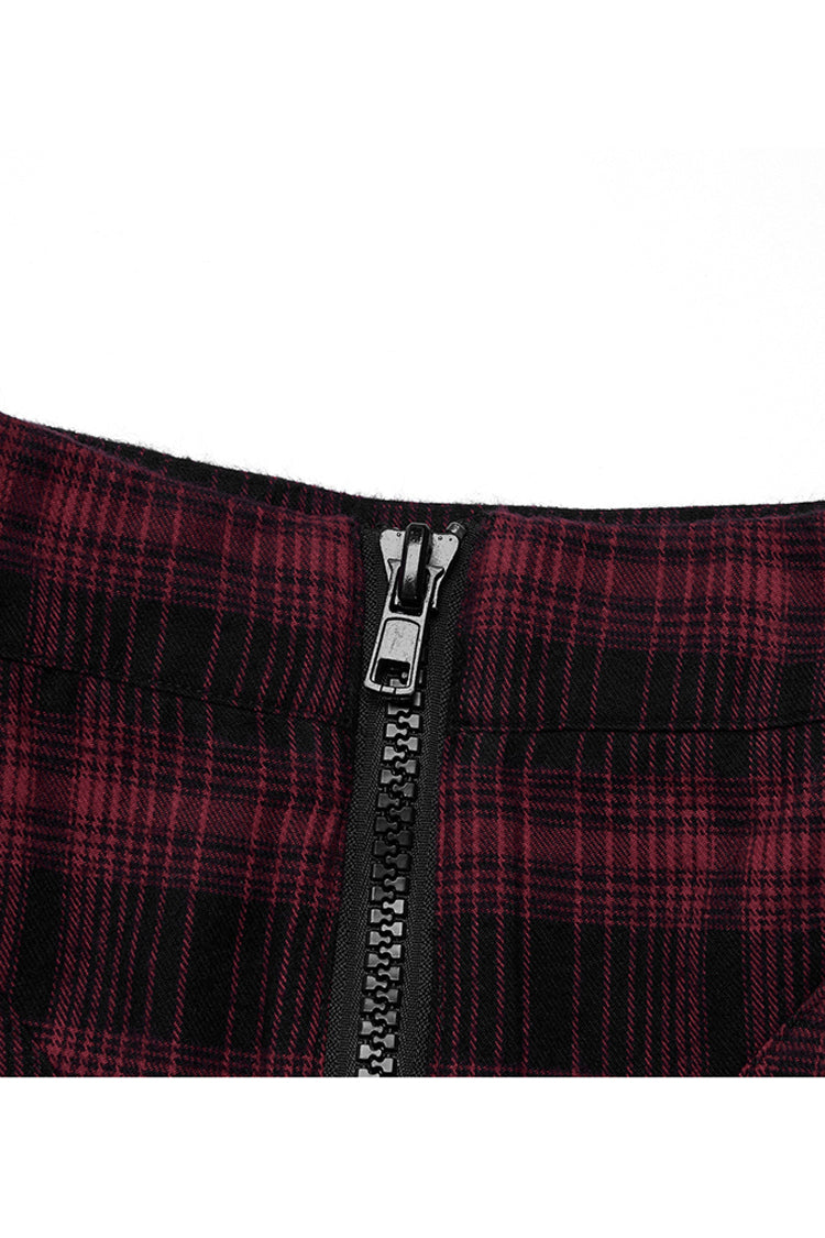 Red Chiffon Plaid Large-Hole Mesh Stitching V-Word Segmentation Design Sun-Hem Women's Punk Skirt
