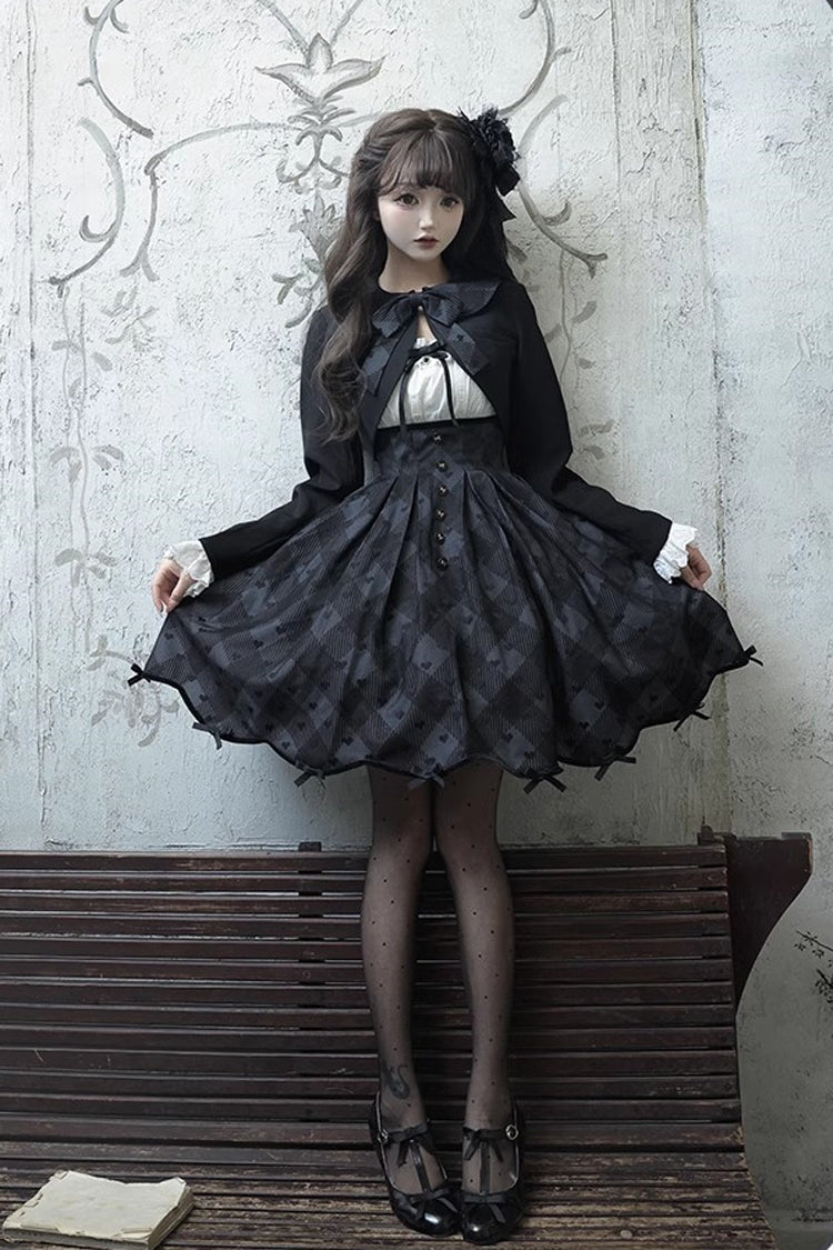 Black [Swan] Short Sleeves Plaid Print Sweet Elegant Princess Lolita Dress Short Version