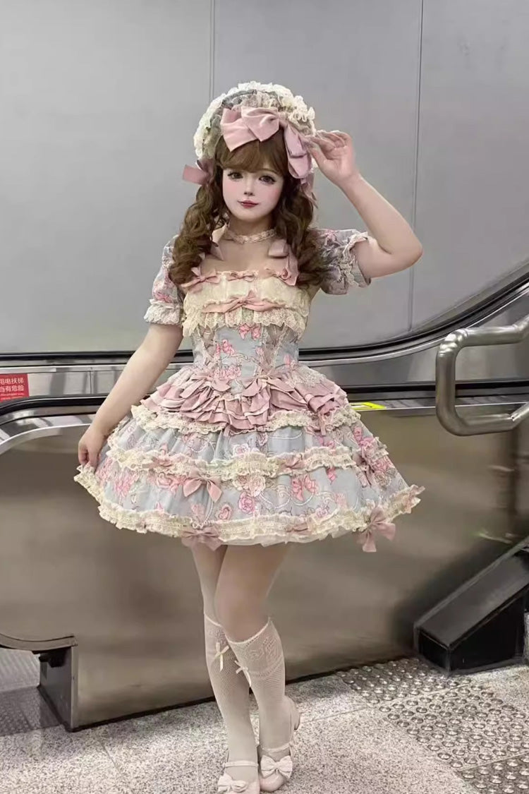 Blue/Pink [Gem Rose] Multi-Layered Ruffle Bowknot Lace Sweet Princess Lolita Skirt 2 Versions