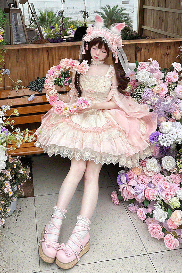 Pink [Lyrics in the Midst of Flowers] Ruffle Embroidery Bowknot Chinese Style Elegant Sweet Lolita Jsk Dress