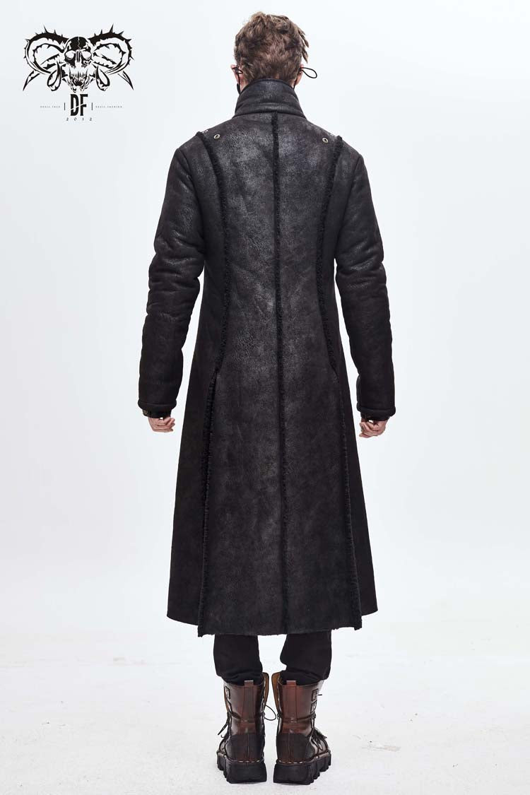 Black Stand Up Collar Shoulder Fur Cape Front Metal Hasp Chest Loops Long Fur Men's Punk Coat