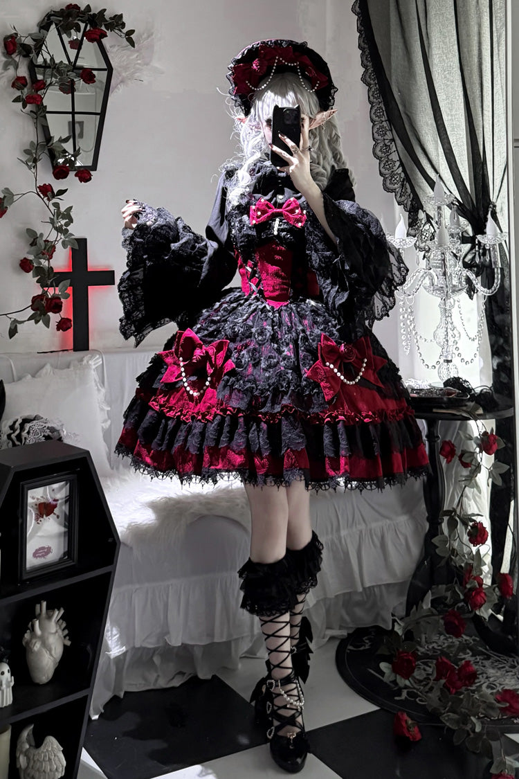 Black/Red [Rose Princess] Sleeveless Ruffle Bowknot Lace Lace-Up Gothic Ballet Lolita Jsk Dress