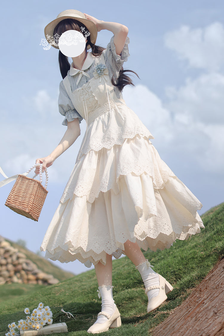 Ivory Sleeveless Triple-Layered Ruffle Lace-Up Sweet Elegant Lolita Jsk Dress