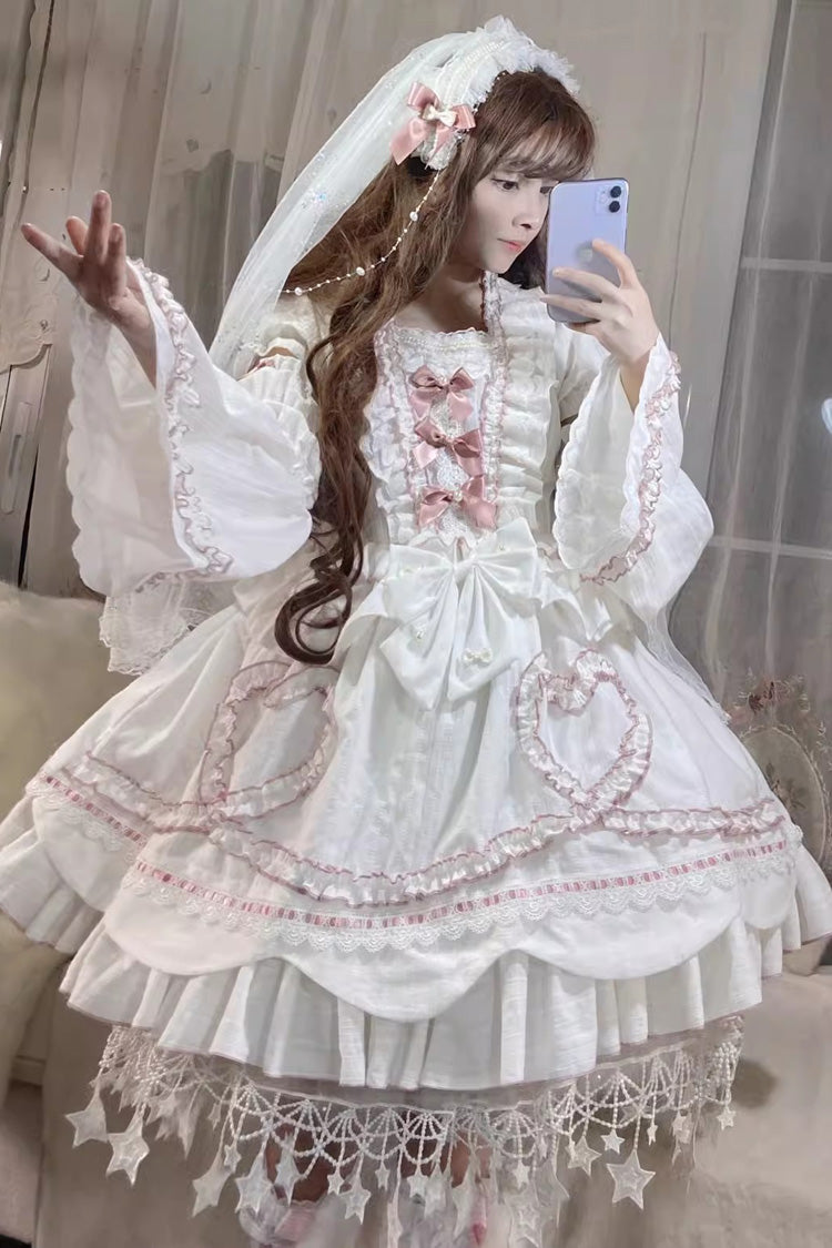 White [Pure Love Story] Hanayome Bowknot Stitching Ji Sleeves Sweet Lolita Dress