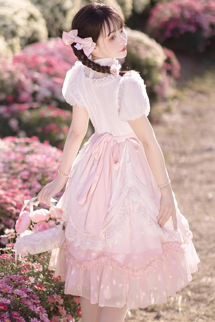 ピンクの中国風半袖プリンセスフリル甘いロリータドレス