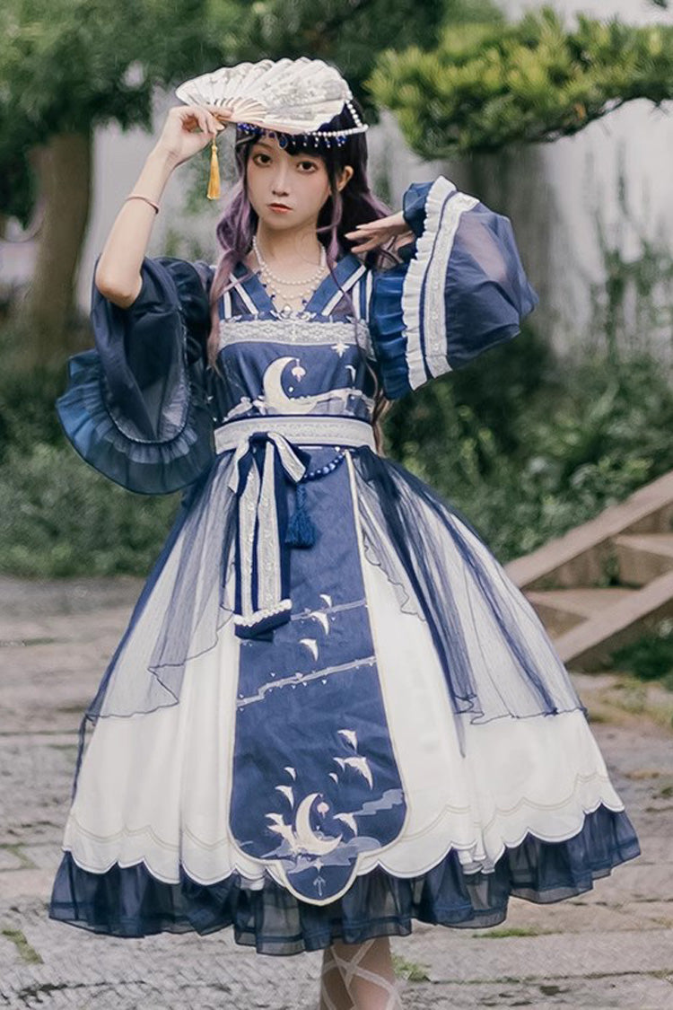 [Die Nacht und der Pirol] Bedrucktes Rüschen-Schleifen-Spitzen-Lolita-Jsk-Kleid im chinesischen Stil, 2 Farben