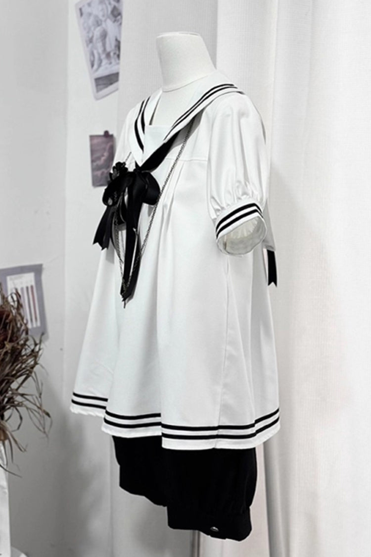 Black/White [Old Stories] Navy Collar Short Sleeves Bowknot Ouji Gothic Lolita Blouse Shorts Set