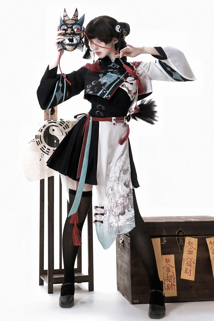 Multi-Color [Walking With The Demon] Print Asymmetric Gothic Chinese Style Ouji Lolita Skirt