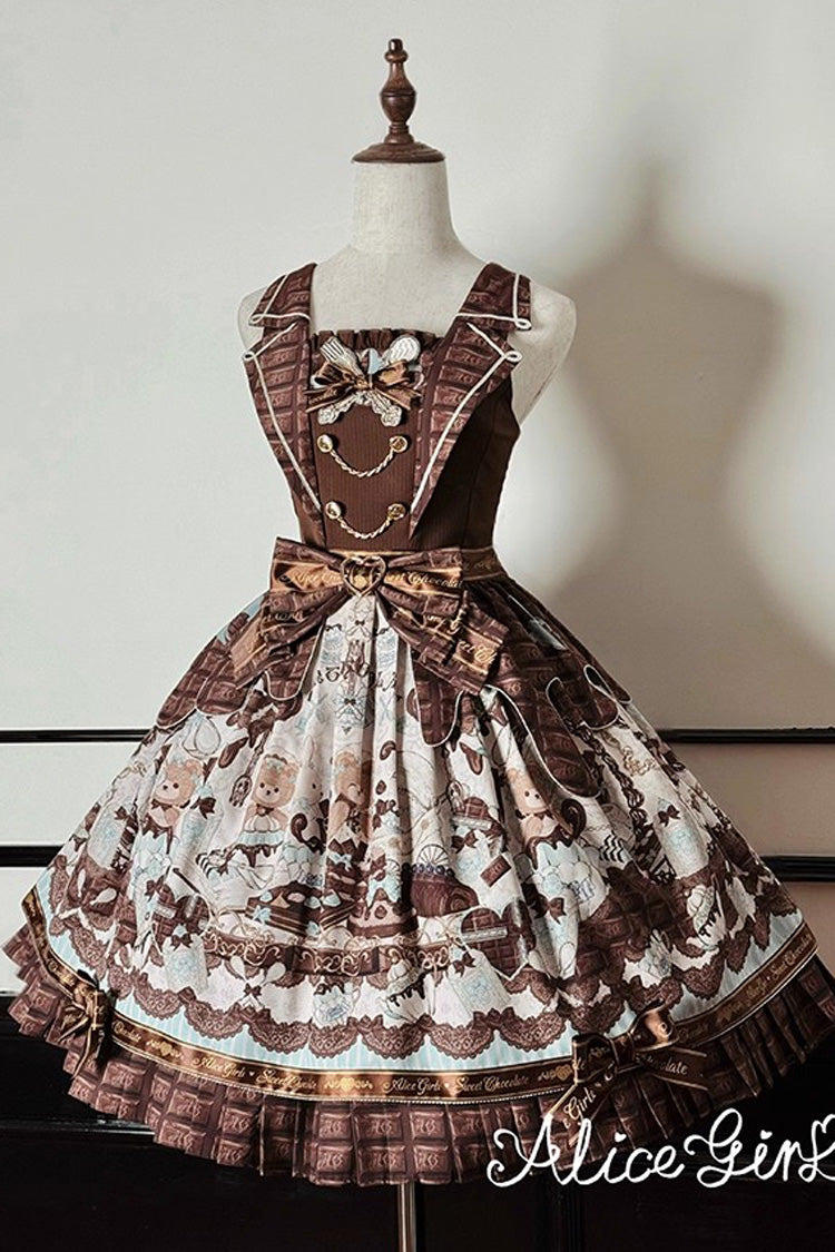 Brown [Teddy Bear Chocolate] Sleeveless Print Ruffle Bowknot Sweet Lolita Jsk Dress