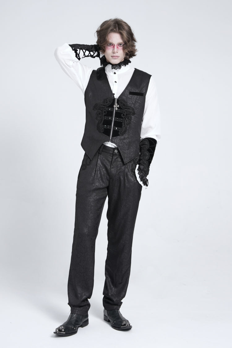 Black Sleeveless Floral Embroidery Stitching Velvet Men's Gothic Vest