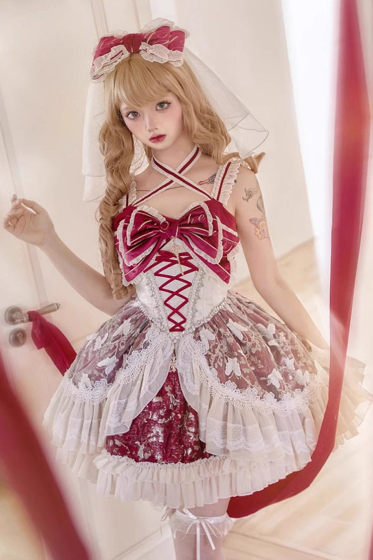 レッド [Lilibet] プリント フリル カーディガン 蝶結び レース フィッシュボーン スイート ロリータ ドレス