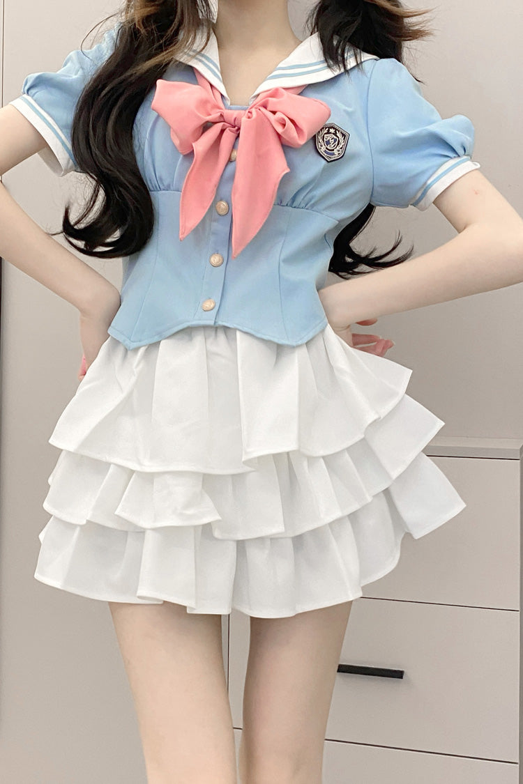Short Sleeves Multi-layer Ruffle Bowknot Sweet College Style Japanese School Skirt Set 4 Colors