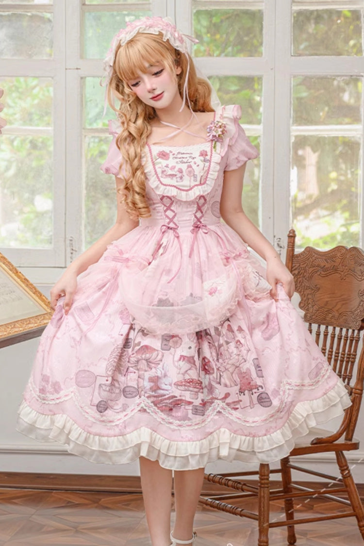 Süßes Lolita-Kleid mit rosa Kaninchen-Print, quadratischem Kragen, kurzen Ärmeln, Rüschen, Schleife und Spitze
