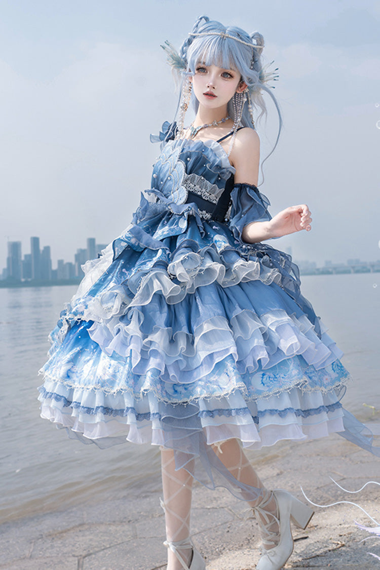 Blue [Jellyfish] Gradient Print Ruffle Embroidery Bowknot Lace Asymmetric Sweet Elegant Lolita Jsk Dress