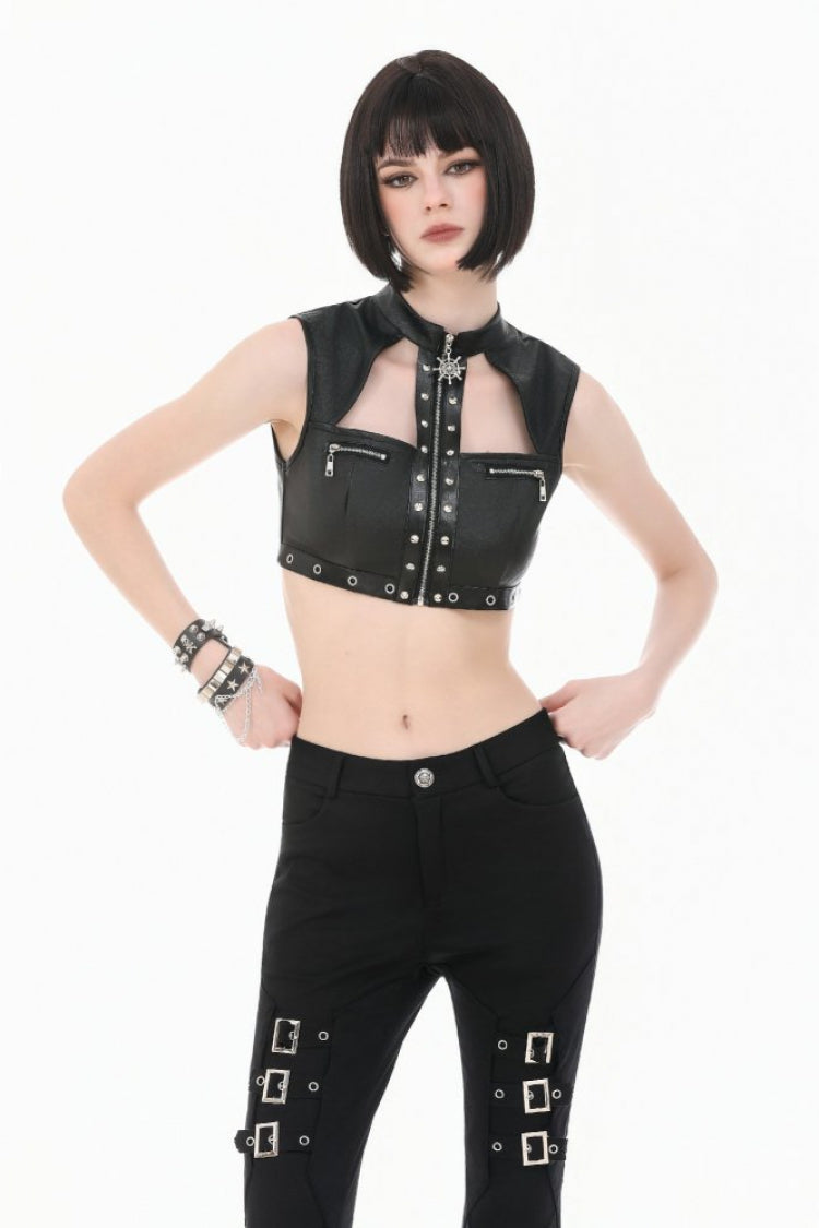 Schwarzes, ärmelloses Punk-Crop-Top aus Leder mit Nieten, Ösen und Reißverschluss für Damen