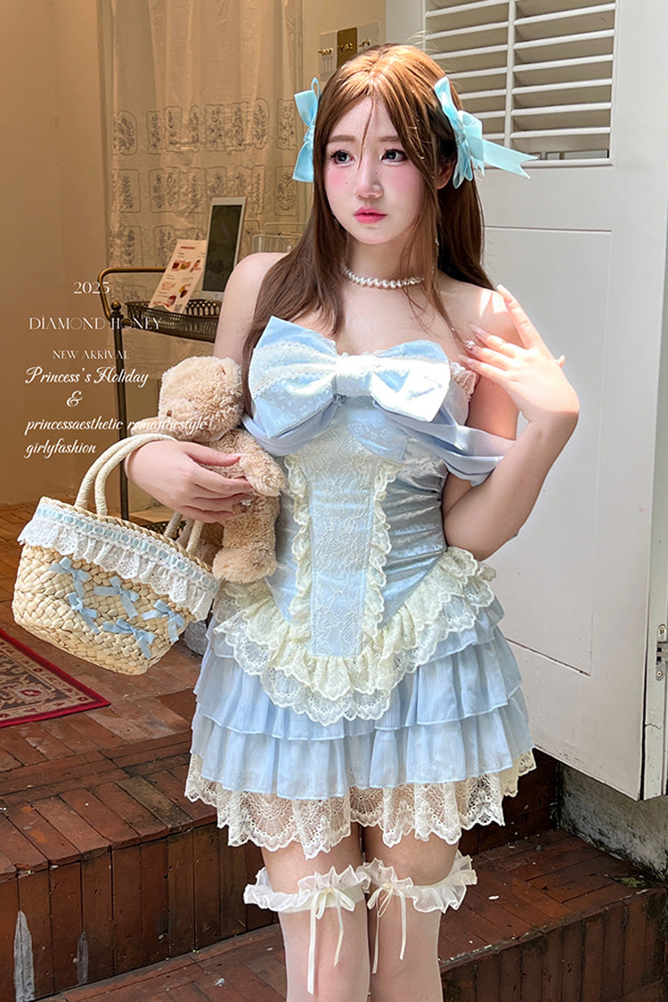 Blue [Antique Girl] Sleeveless Double-Layered Ruffle Bowknot Lace Sweet Lolita Two-piece Skirt Set