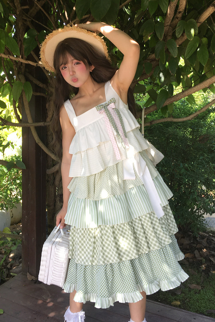 グリーン [Go To The Forest] マルチレイヤープリント フリル ホリデー スイート ロリータ ジャンパースカート ドレス 