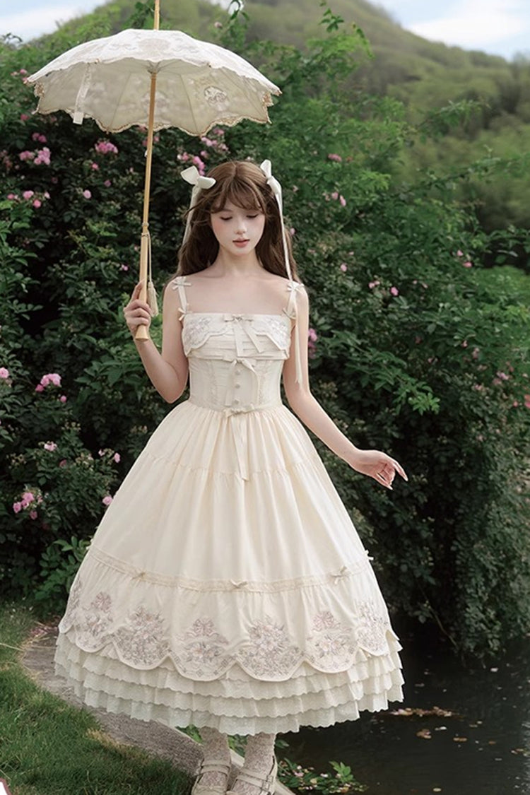Abricot [Papillon Fantaisie] Robe Lolita Sweet Princess à Volants à Trois Couches avec Noeud Papillon Broderie en Dentelle Jsk 