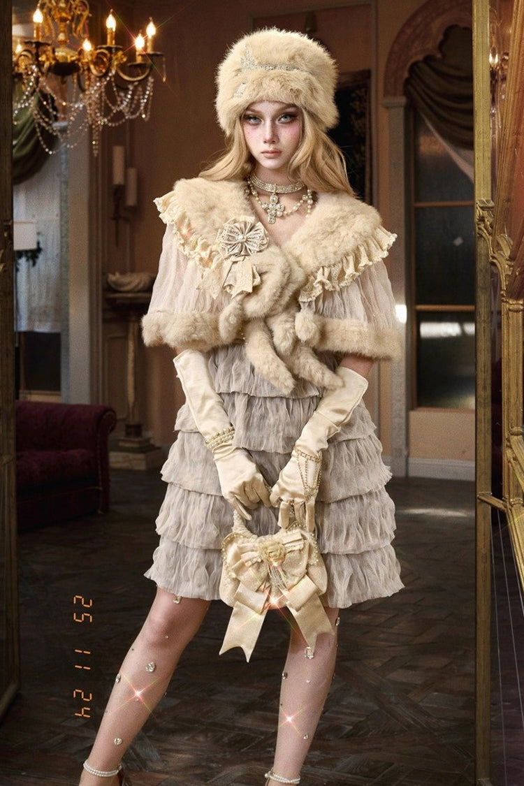 Beige [Slavic Noble Lady] Short Sleeves Ruffled Lace Fluffy Sweet Lolita Coat Cloak