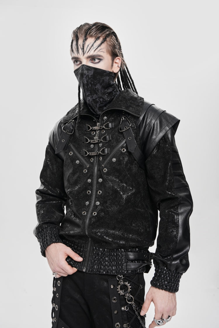 Black Faux Leather Stitching Buckle Zipper Straps Men's Punk Coat