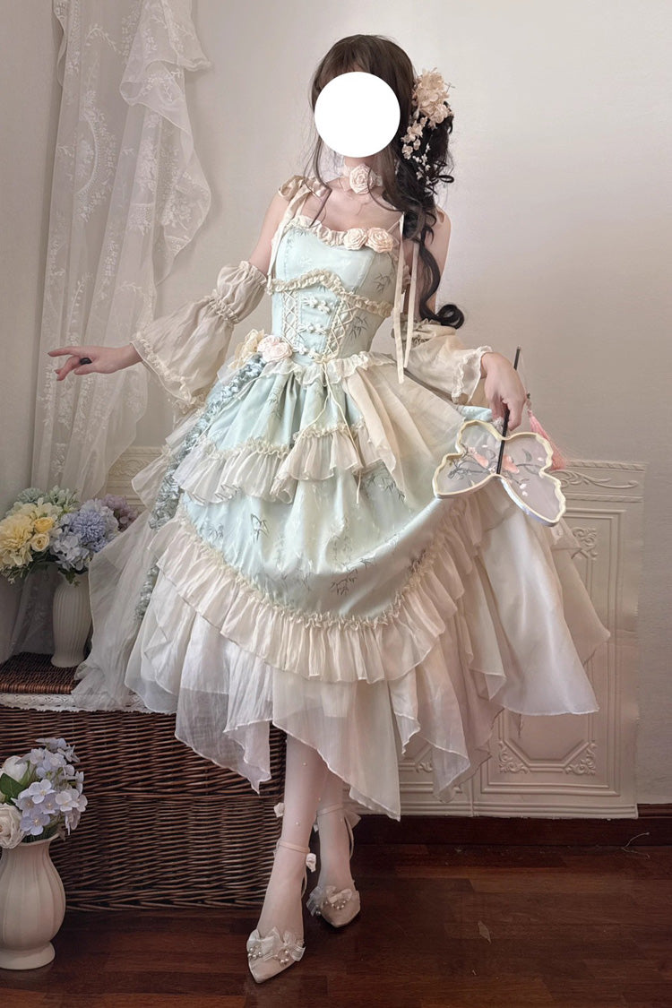 Green [Tea Bamboo Song] Sleeveless Print Ruffle Bowknot Sweet Chinese Style Elegant Ballet Lolita Jsk Long Dress