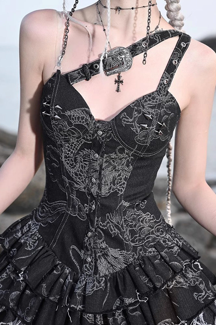 Black [Escape from the Wilderness] Dragon Pattern Slim Ruffle Gothic Lolita Jsk Dress