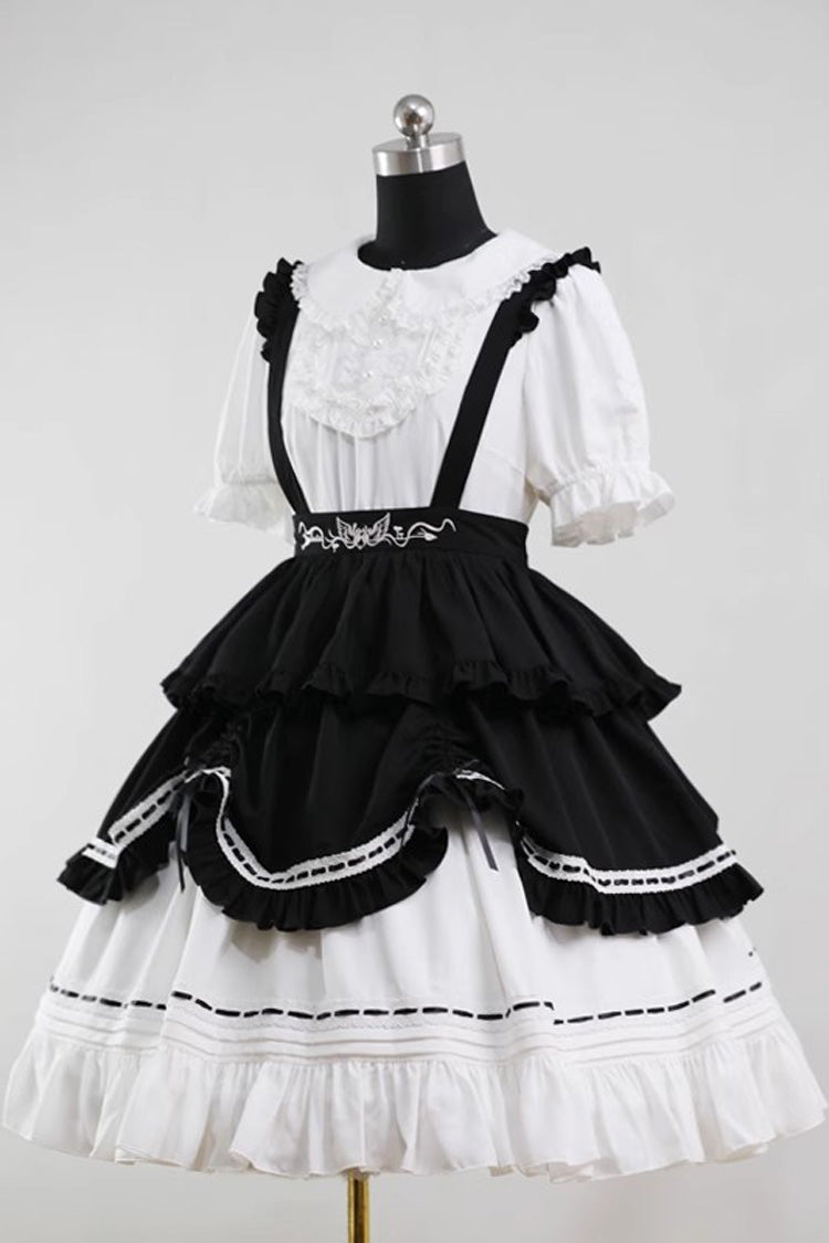White Lapel Collar Short Sleeves Ruffle Bowknot Maid Gothic Lolita Dress