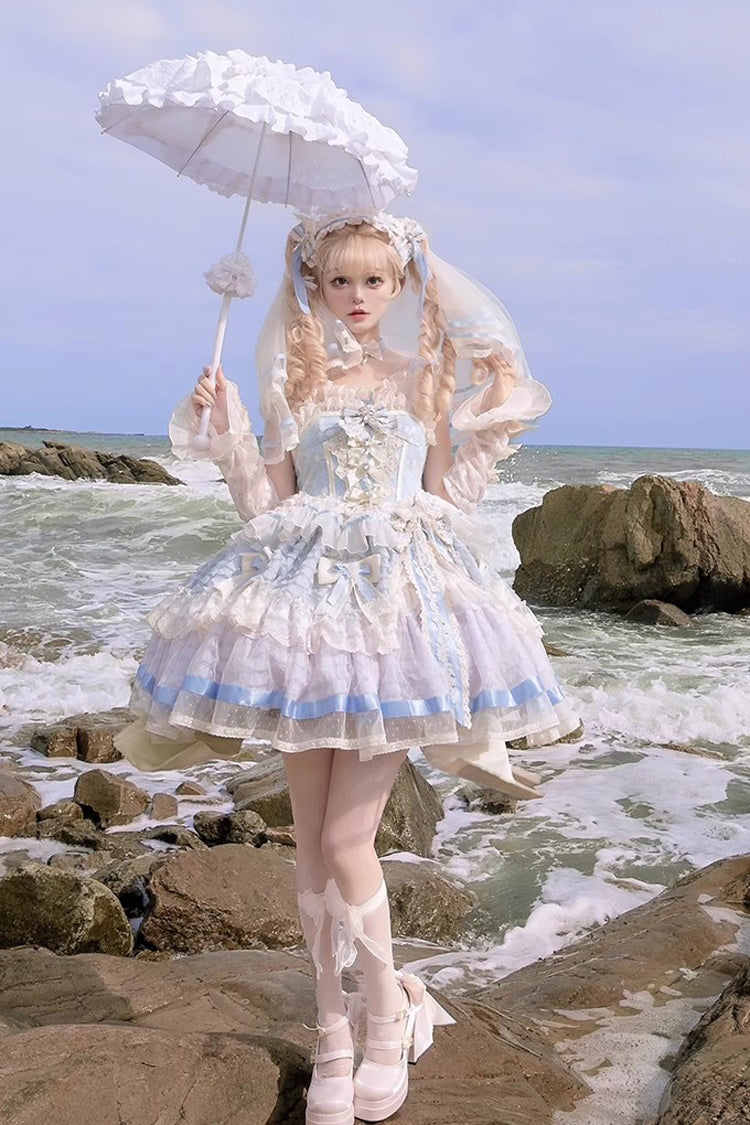 Blue [Moonstone] Sleeveless Ruffle Embroidery Bowknot Lace Fishbone Sweet Princess Lolita Dress