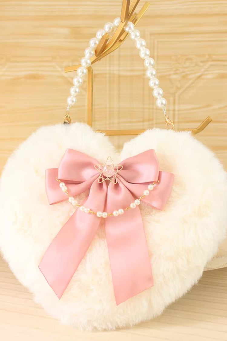 Sac à main Lolita doux avec nœud papillon en forme de cœur duveteux et perles, 17 couleurs 