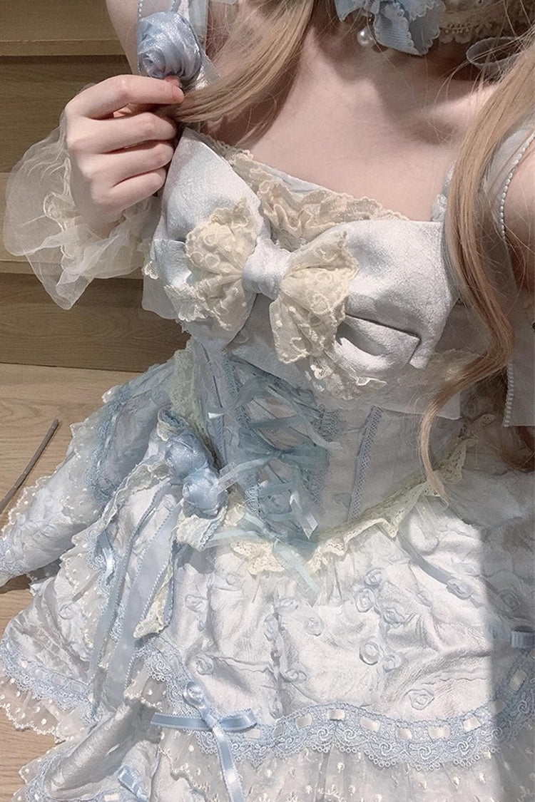 Robe Sweet Lolita Jsk à volants double couche broderie nœud papillon en dentelle [Floral Overture] bleue 