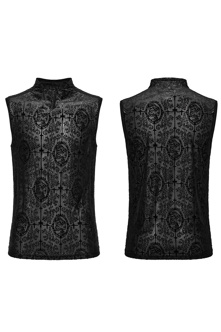 Black Sleeveless Beaded Cross Flocking Print Men's Gothic Tank Top