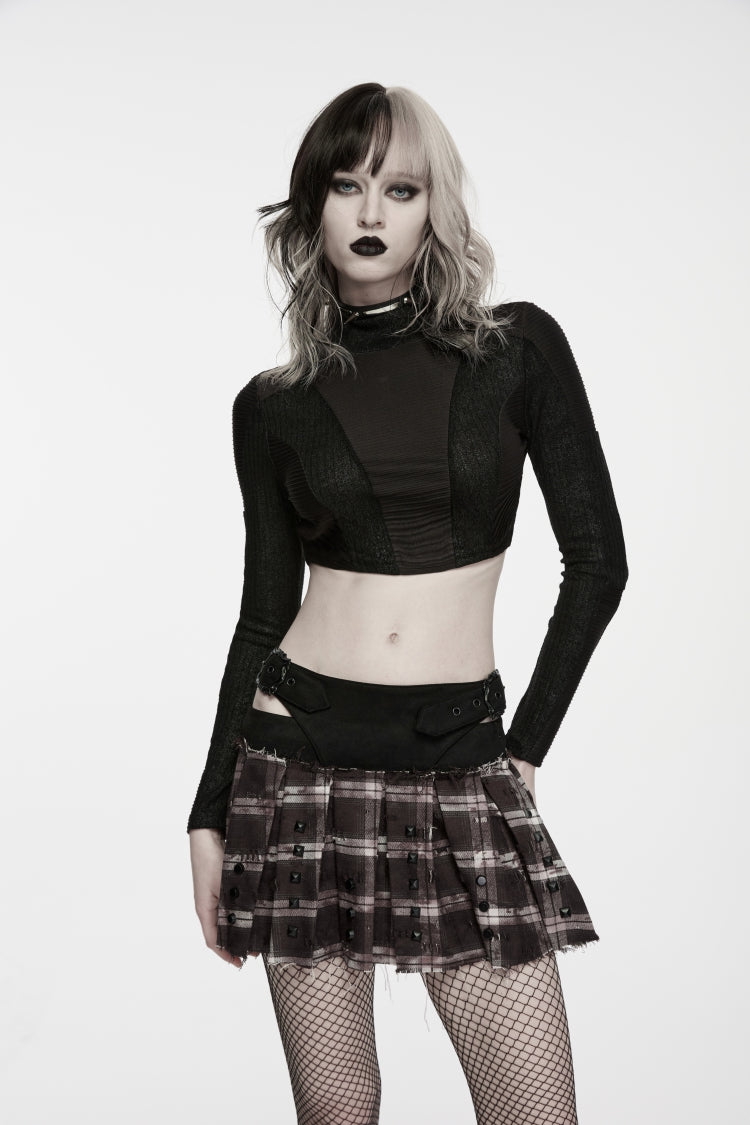 Schwarzes cooles Punk-Crop-Top mit hohem Kragen und langen Ärmeln, Patchwork, schmale Passform für Damen