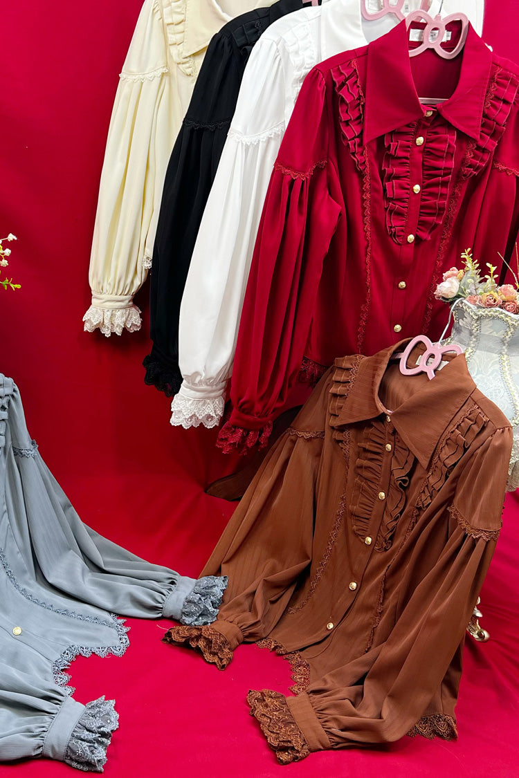 [Späte Nacht] Reverskragen Langarm Rüschen Spitze Schlanke Süße Lolita Bluse 6 Farben 