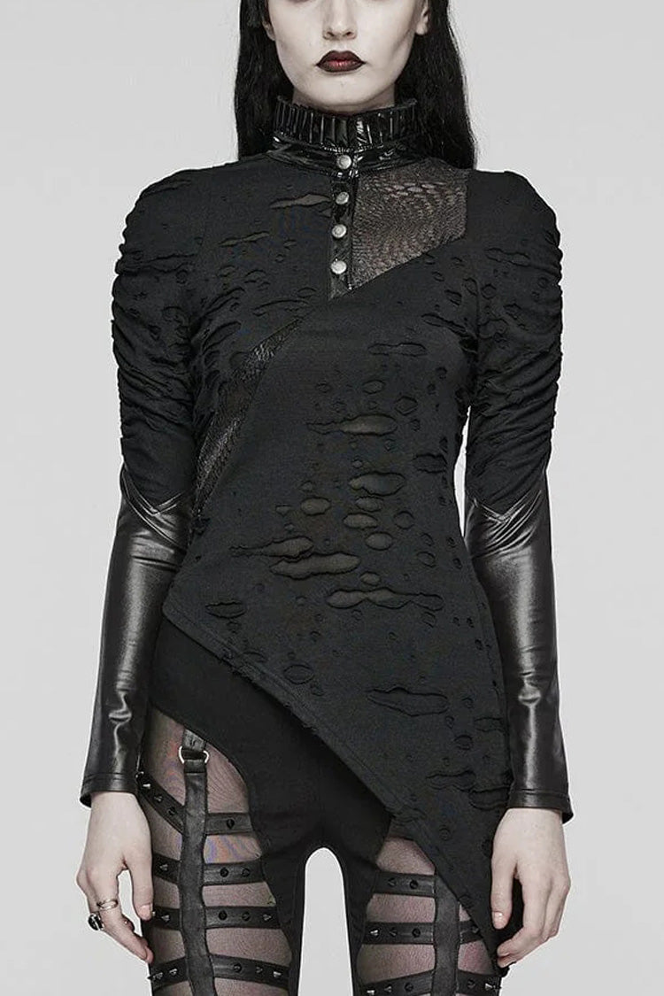 Black Stand Collar Long Sleeves Ruffle Slim Irregular Womens Steampunk T-Shirt