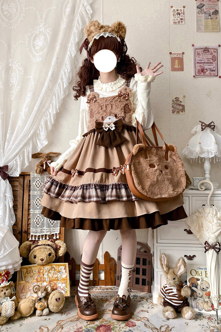 Brown Bear Triple-Layered Ruffle Bowknot Sweet Lolita Strap Dress