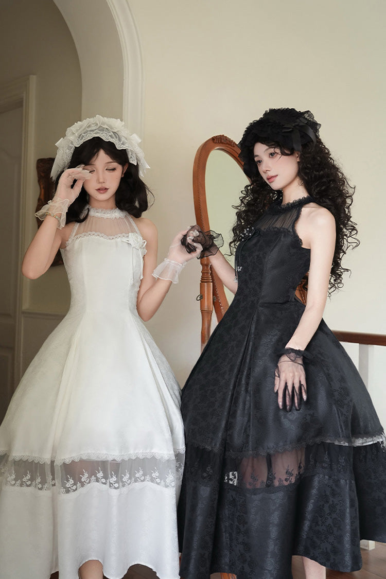 White [Flowers in the Mist] Off Shoulder Halterneck Print Ruffle Gothic Elegant Lolita Dress