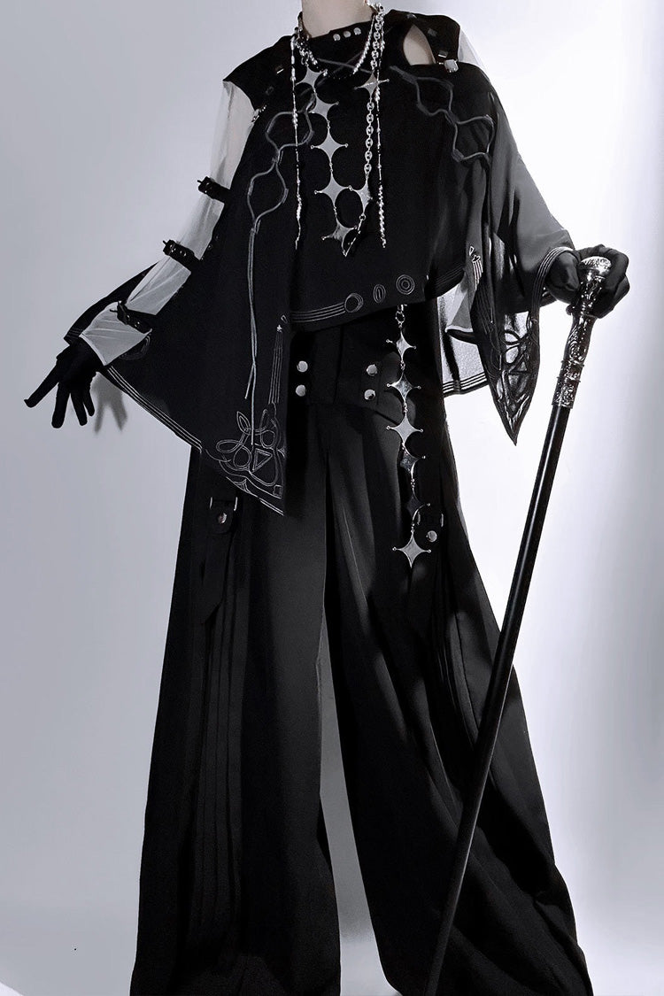 Schwarz [Experimentelles Thema] Ärmelloses, hoch tailliertes, mit Sternausschnitten und Ketten verziertes Damen-Set im Gothic-Ouji-Prinzen-Stil