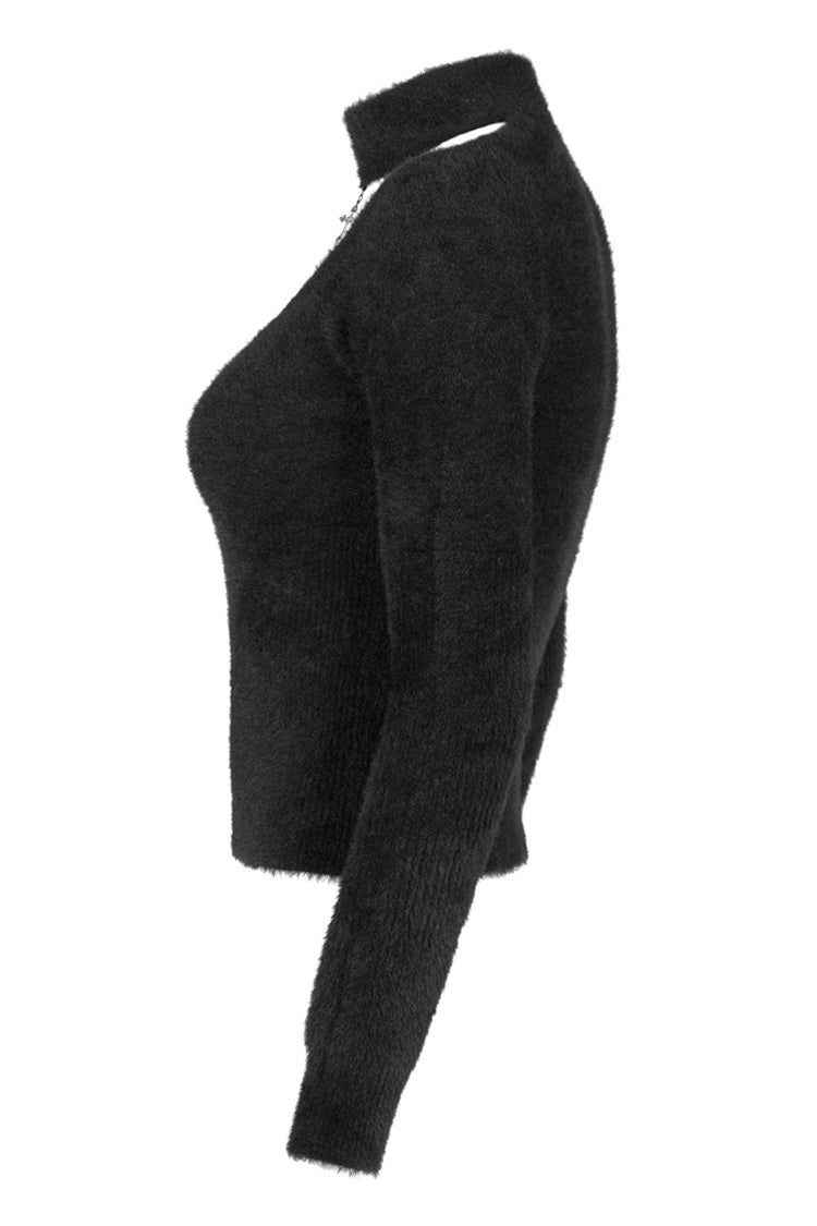 Schwarzes, eng gestricktes, langärmliges Punk-Oberteil für Damen mit hohlgeschnitztem Design und Metallkreuzdekoration