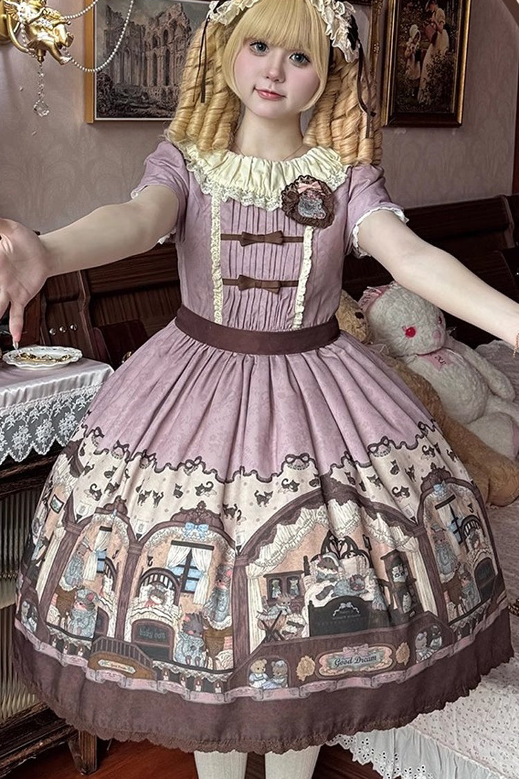 Pink/Purple Short Sleeves Bear Print Bowknot Classic Lolita Dress