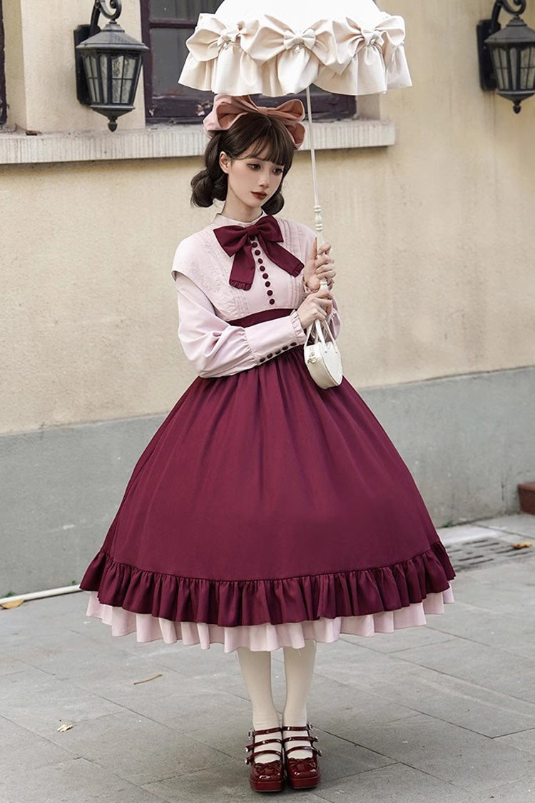 Rose Embroidery Long Sleeves Ruffle Bowknot Fake Two Pieces Elegant Lolita Dress 2 Colors