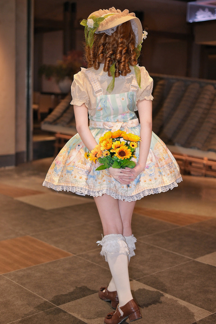 Green [Pineapple Cat] Print Sleeveless Bowknot Lace Sweet Lolita Strap Dress
