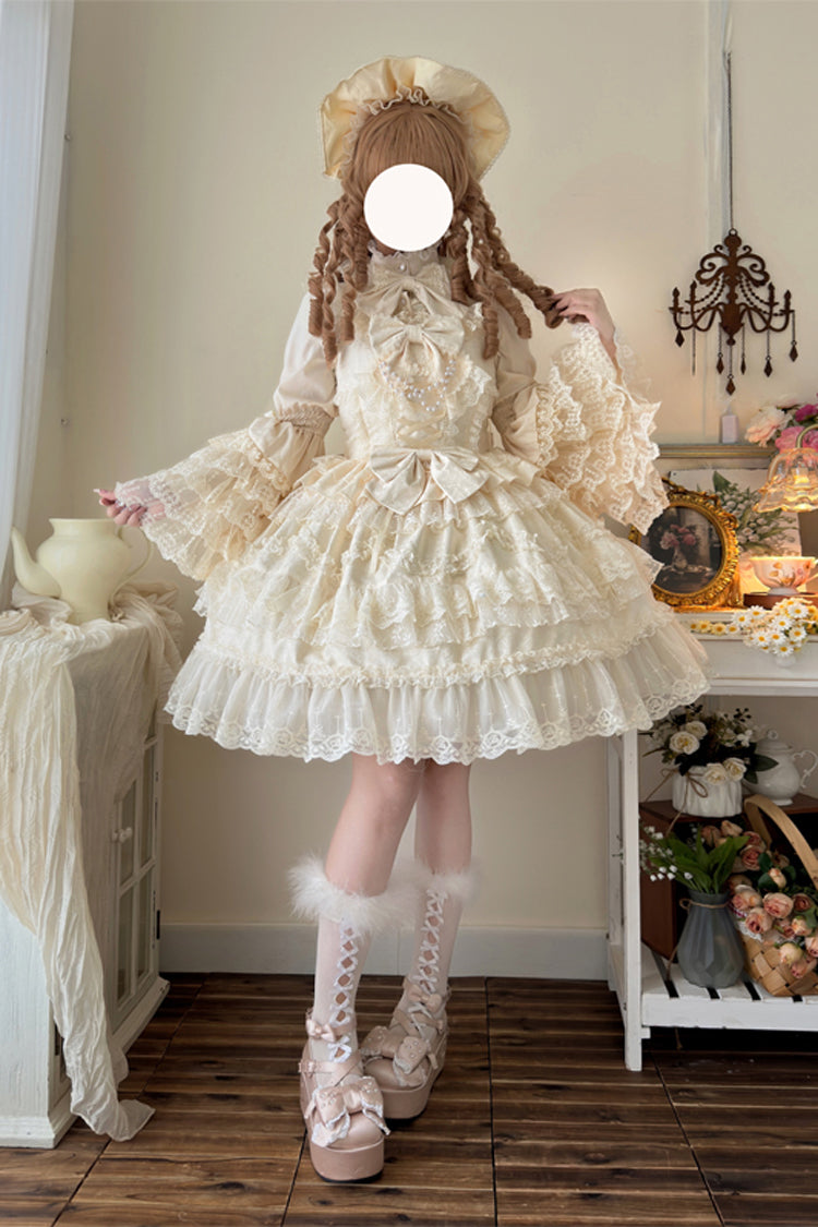 Apricot [Love and Heart Flutter] Sleeveless Multi-Layered Ruffle Bowknot Lace Pearl Sweet Lolita Jsk Dress