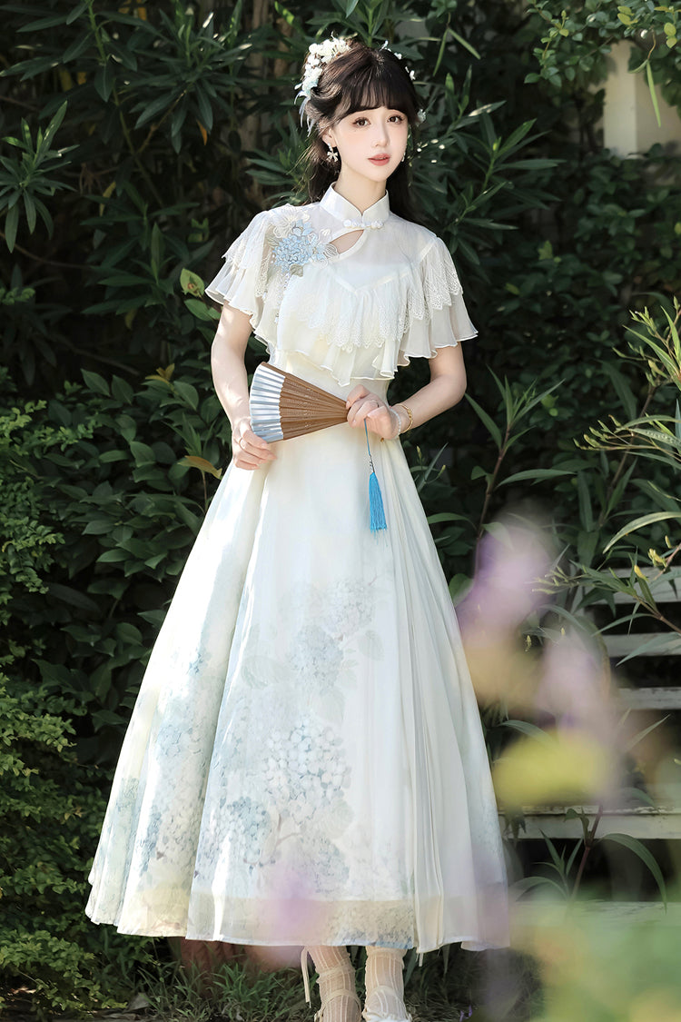 Robe Lolita élégante de style chinois doux avec manches courtes imprimées, volants en dentelle et message d'hortensia blanc 