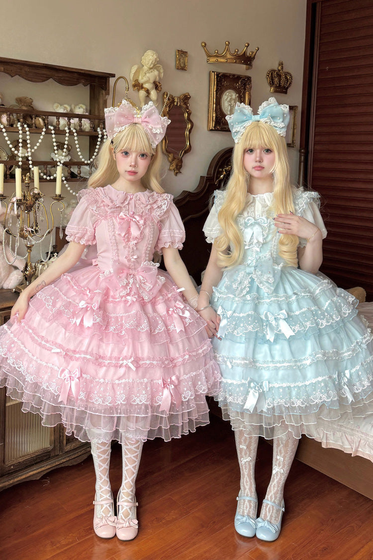 Pink [Lotus Butterfly Heart] Multi-Layered Ruffle Hanayome Bowknot Lace Sweet Lolita Jsk Dress