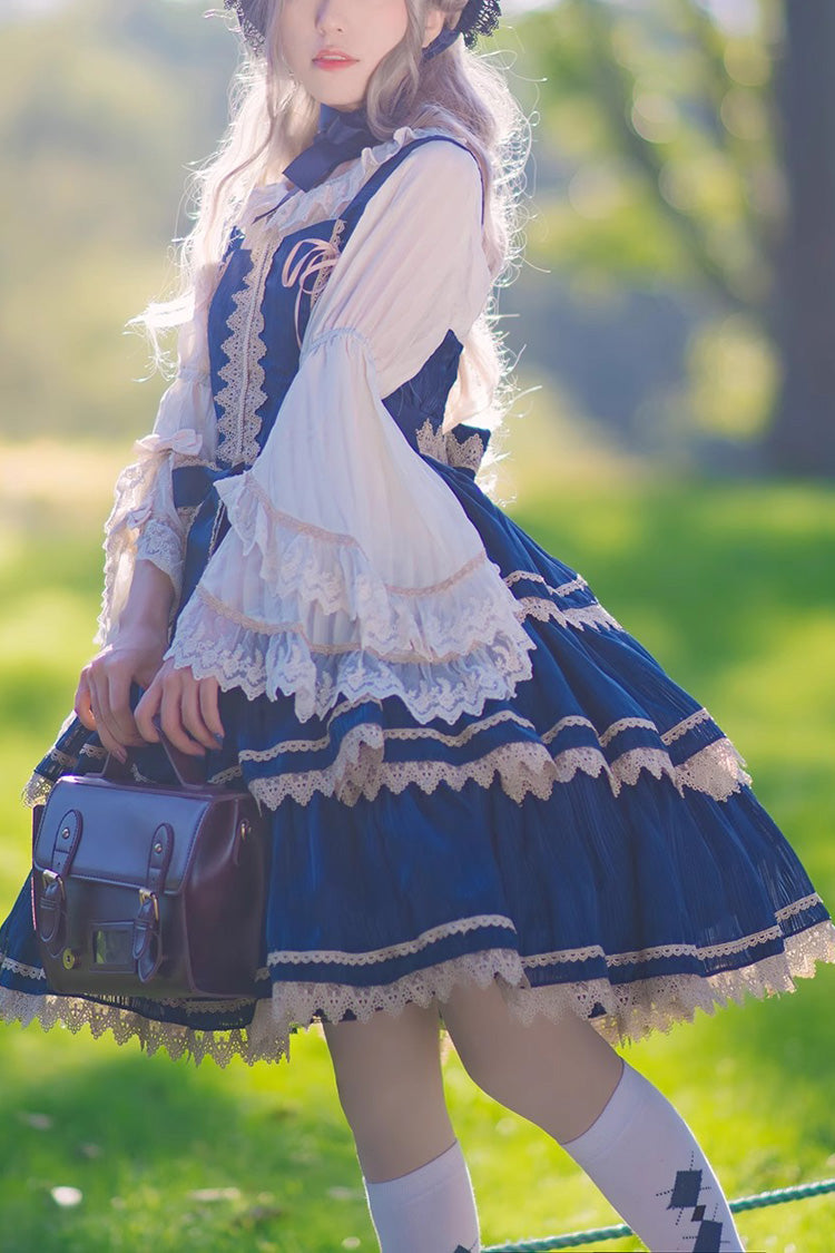 Dark Blue Three-section Cake Sleeveless Ribbon Sweet Lolita Tiered Dress